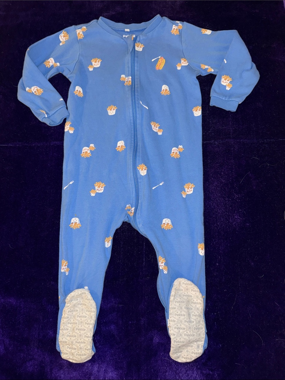 24m Pekkle Blue Baby One-Piece Footed Pajamas with Fries Print organic